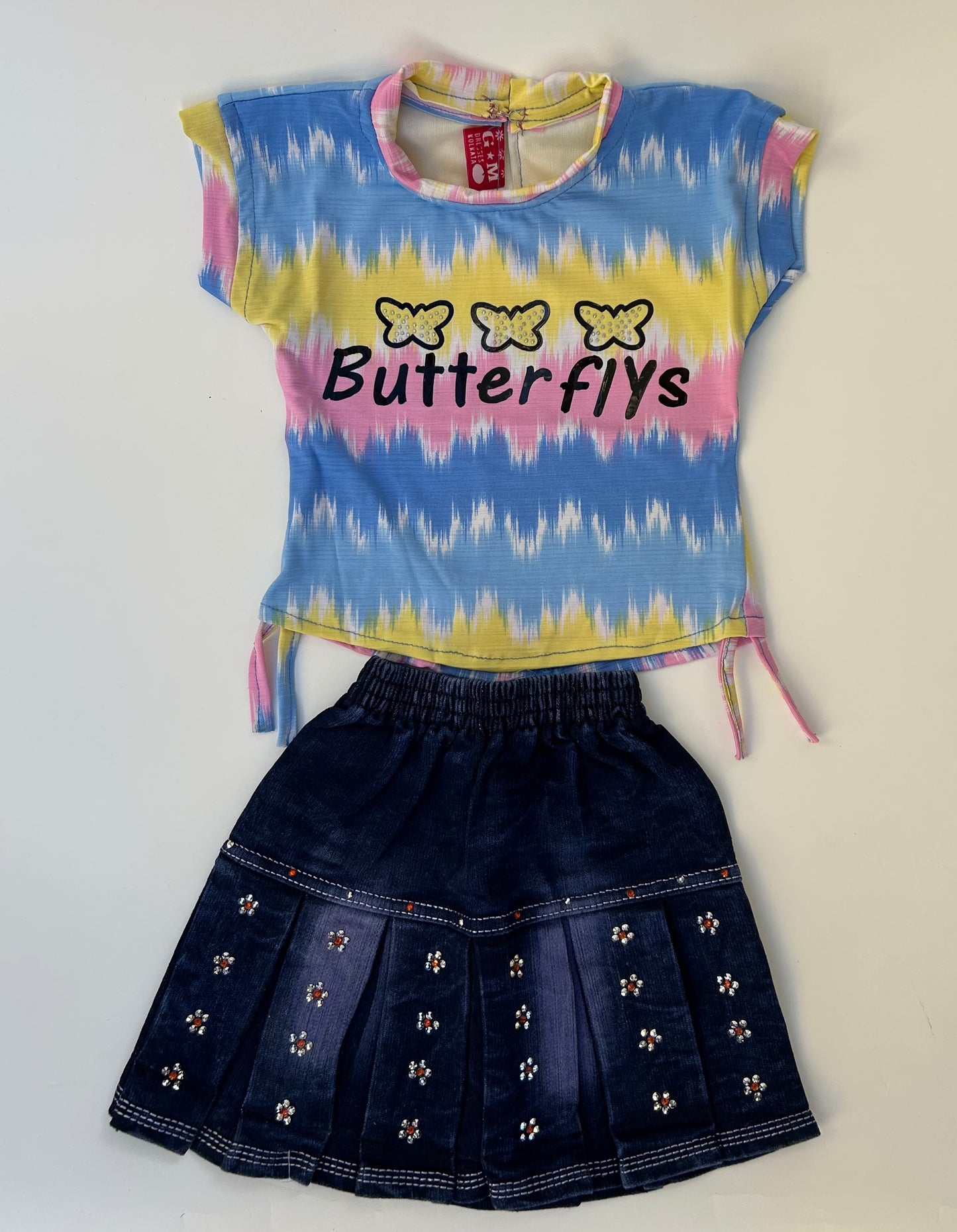 GM Butterfly top with jeans skirt