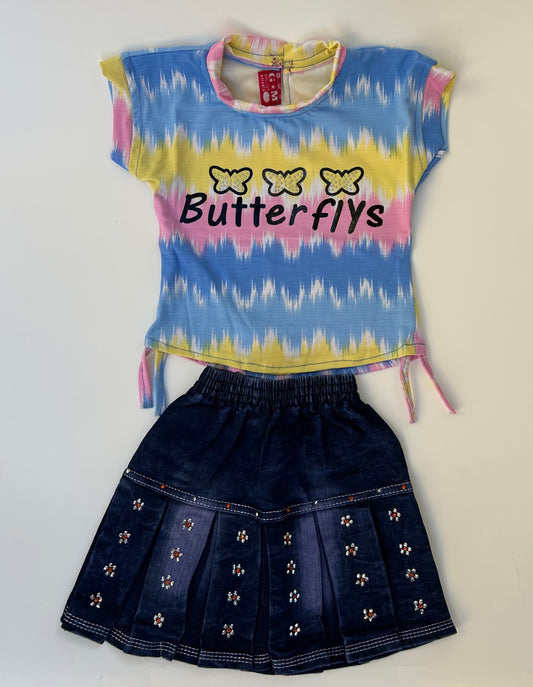 GM Butterfly top with jeans skirt