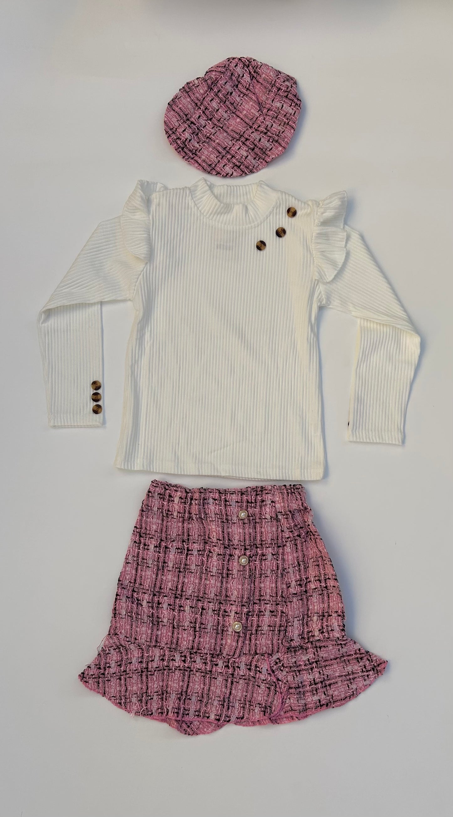 IM white long sleeve top with fancy skirt and hat