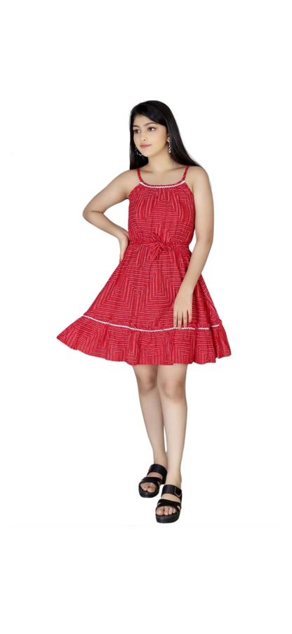 Cotton red frock with foil print